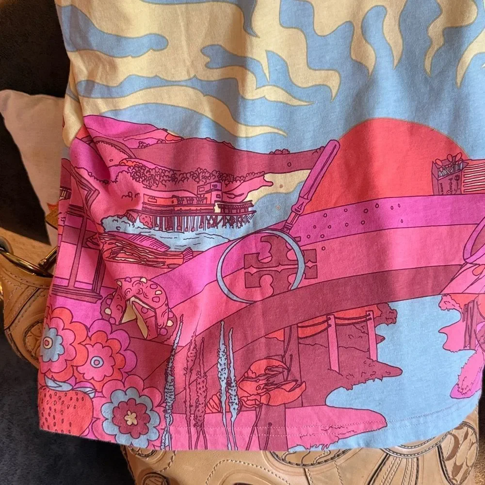 TORY BURCH TEE 100% COTTON GRAPHIC VIBRANT COLORFUL COASTAL HIPPIE OCEAN SUN XL